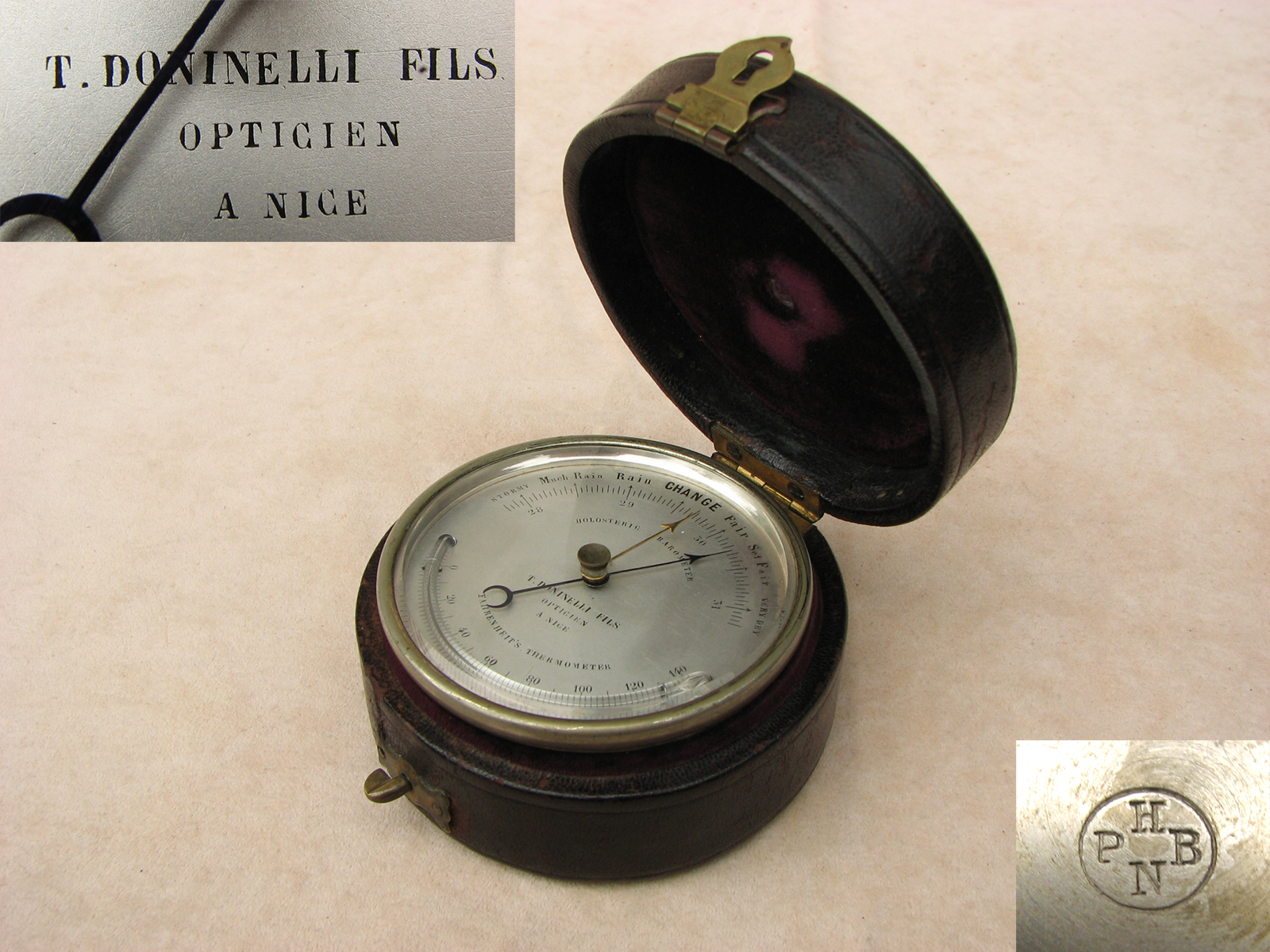 19th century Holosteric pocket barometer with thermometer signed T.Doninelli 